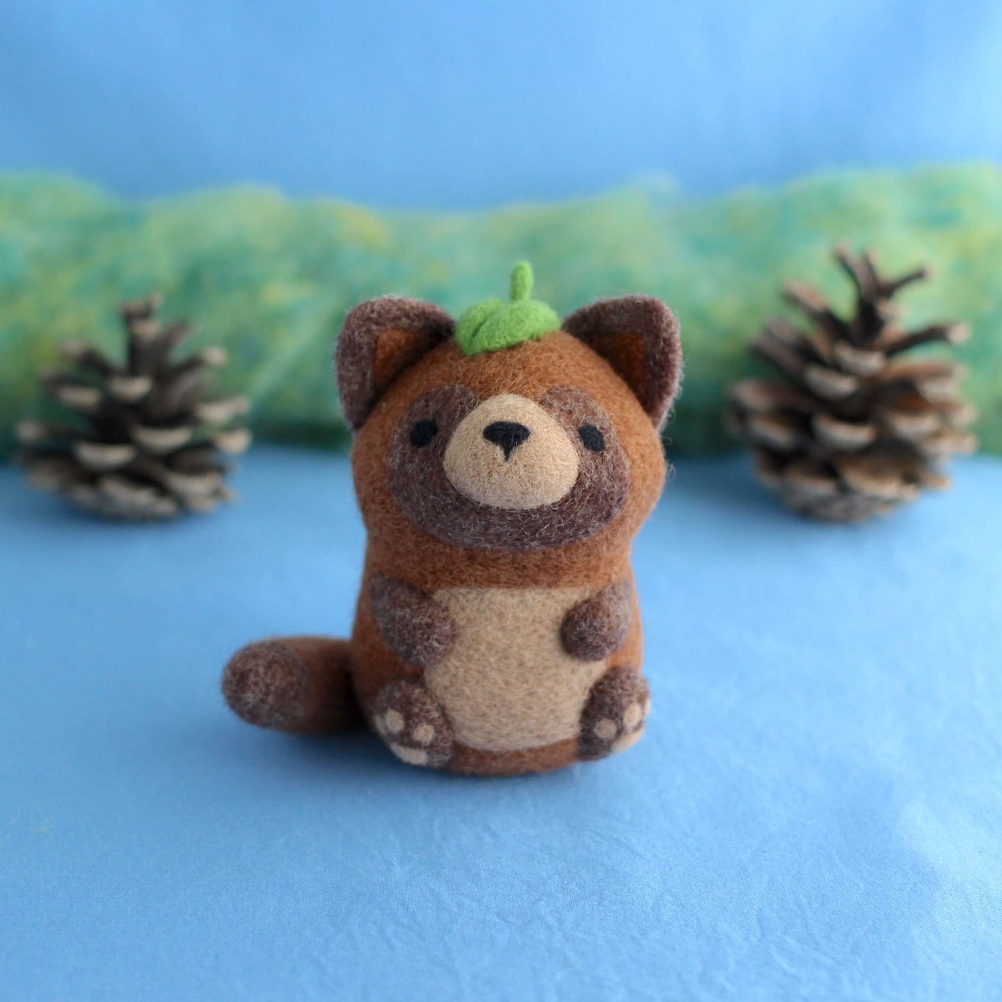 Needle Felted Tanuki w Leaf