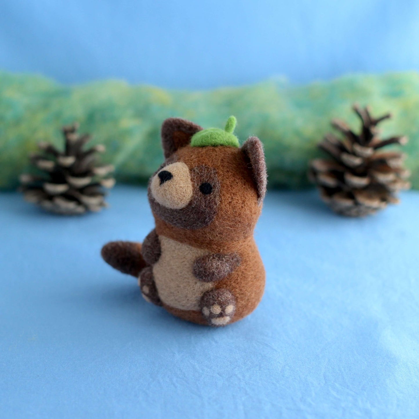 Needle Felted Tanuki w Leaf