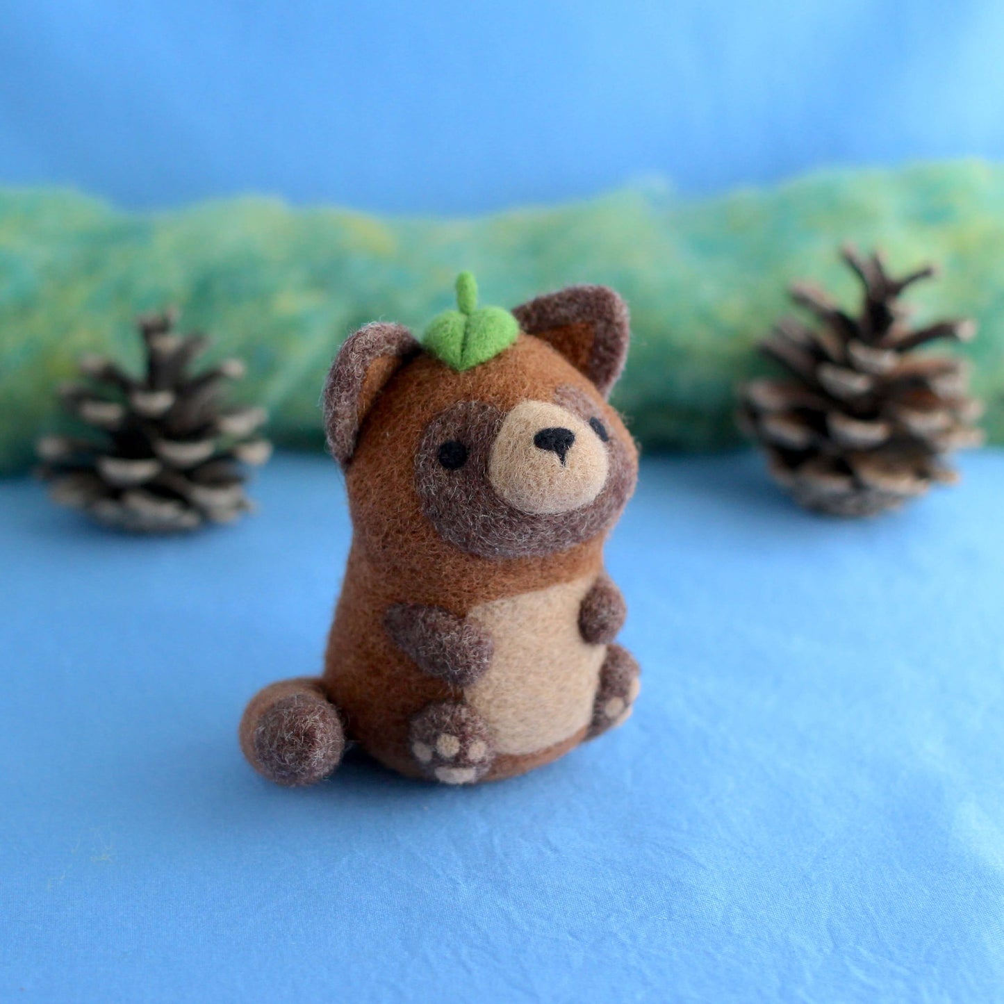 Needle Felted Tanuki w Leaf