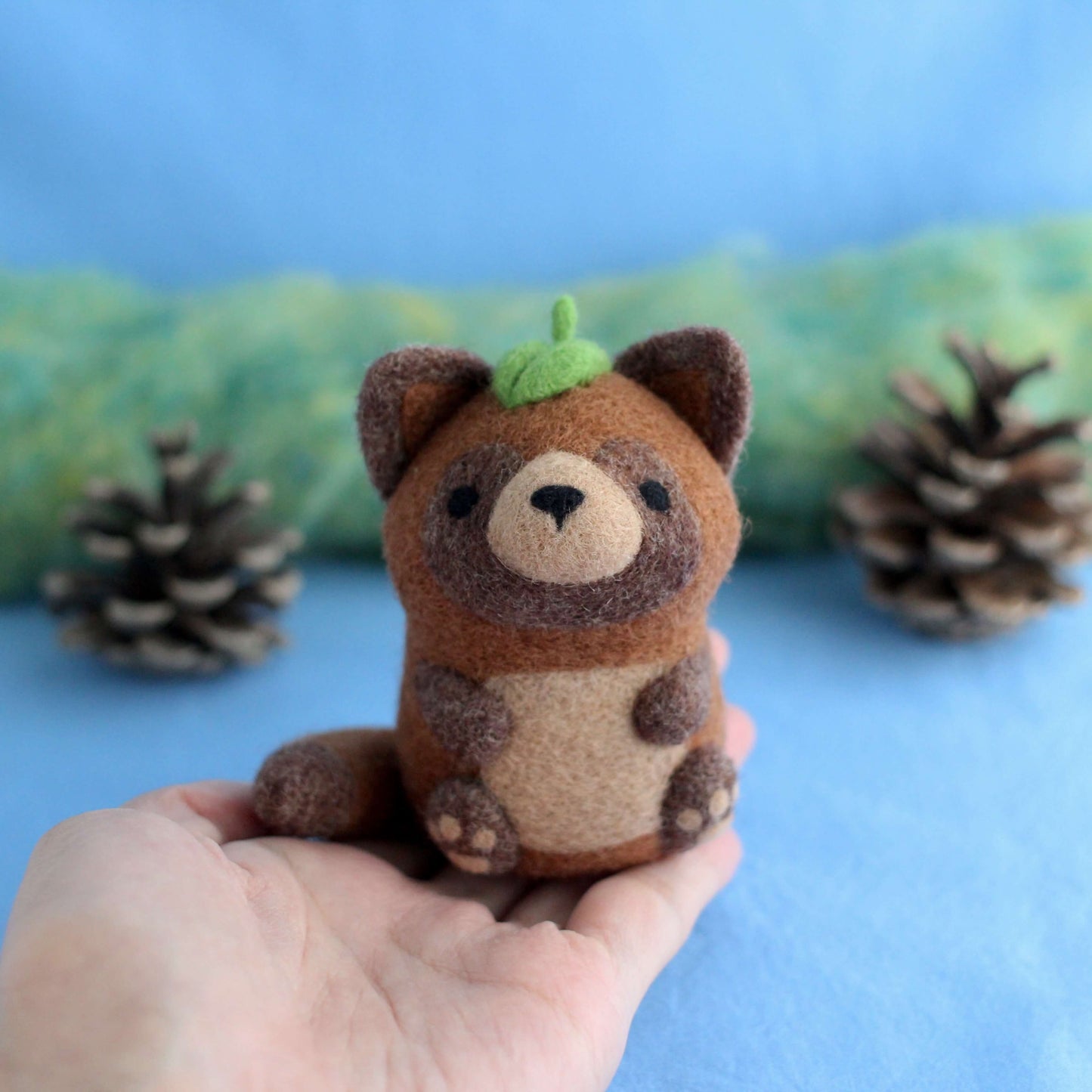 Needle Felted Tanuki w Leaf