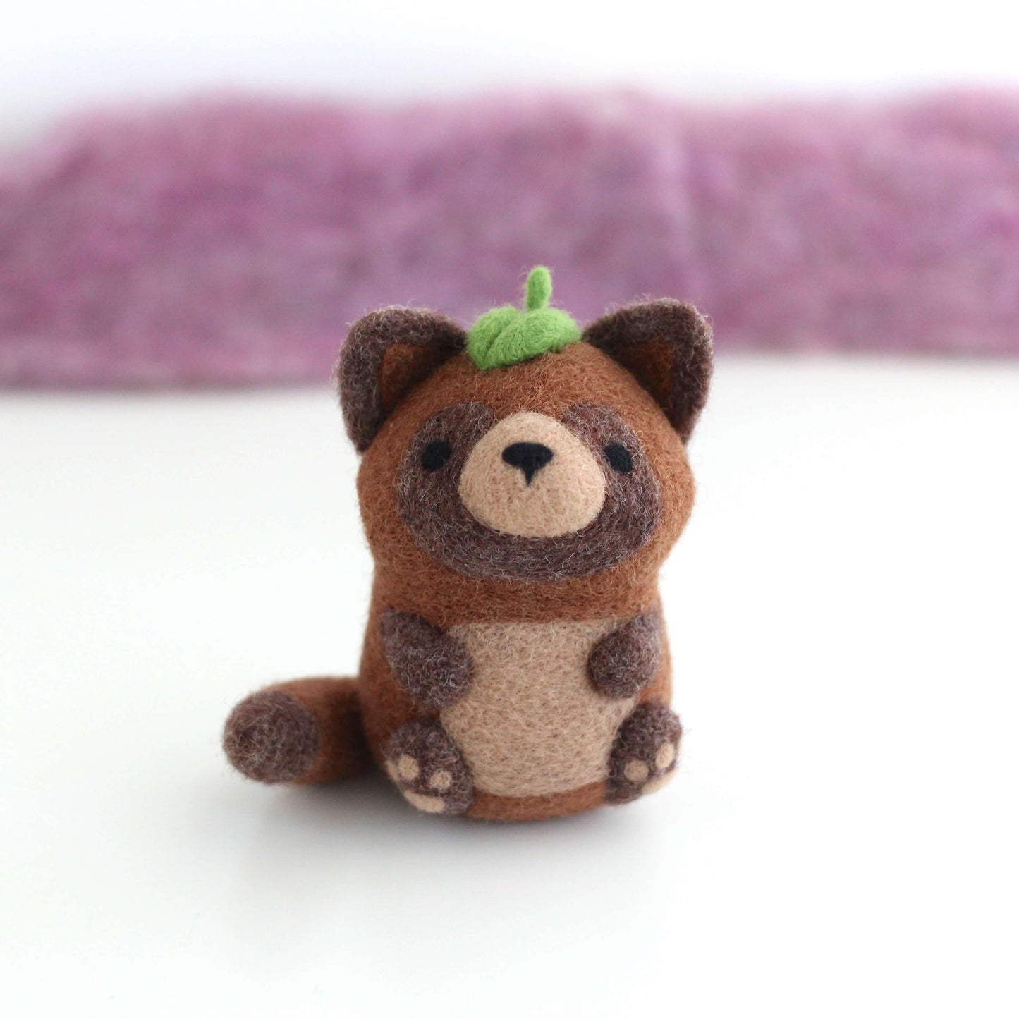 Needle Felted Tanuki w Leaf