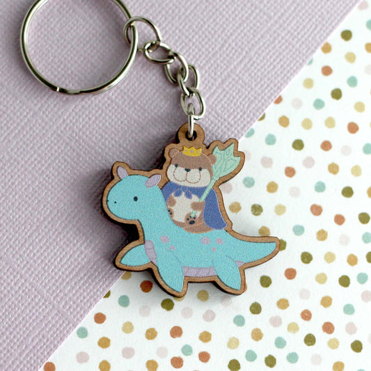 Otter King Riding Sea Dragon Wooden Keychain