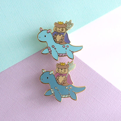 Otter King Riding Sea Dragon Enamel Pin (Dark Blue Dragon Variant)