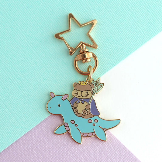 Otter King Riding Sea Dragon Enamel Keychain (Light Blue Dragon Variant)