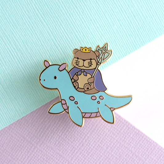Otter King Riding Sea Dragon Enamel Pin (Light Blue Dragon Variant)