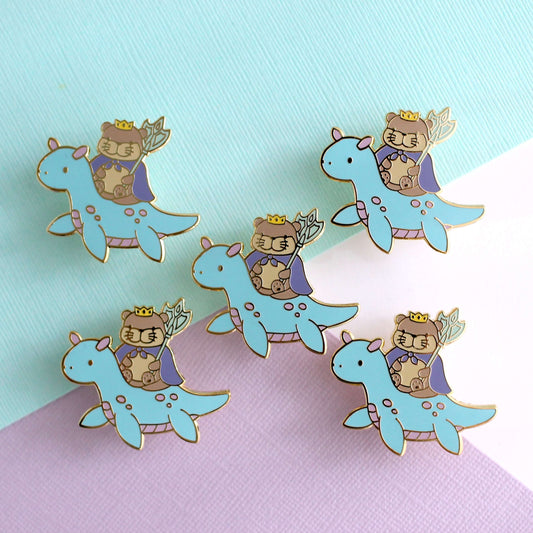 Otter King Riding Sea Dragon Enamel Pin (Light Blue Dragon Variant)