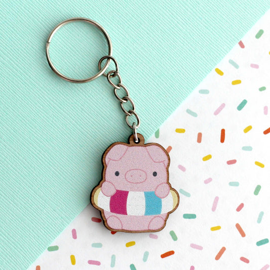 Pig with Floatie Wooden Keychain