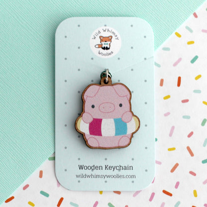 Pig with Floatie Wooden Keychain