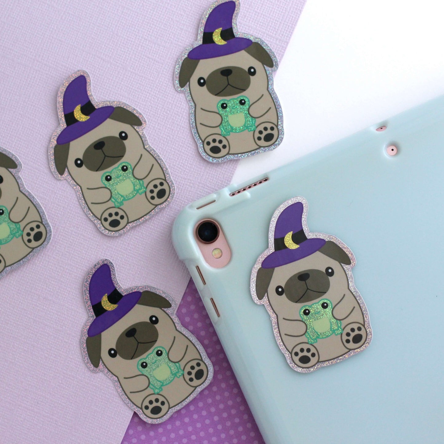 Wizard Pug Vinyl Sticker - Cute Halloween Pug Witch with Frog Sticker
