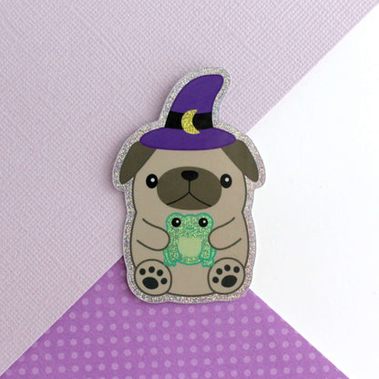 Wizard Pug Vinyl Sticker - Cute Halloween Pug Witch with Frog Sticker