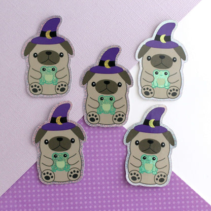 Wizard Pug Vinyl Sticker - Cute Halloween Pug Witch with Frog Sticker
