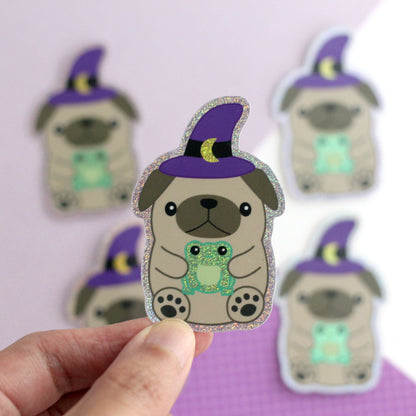 Wizard Pug Vinyl Sticker - Cute Halloween Pug Witch with Frog Sticker