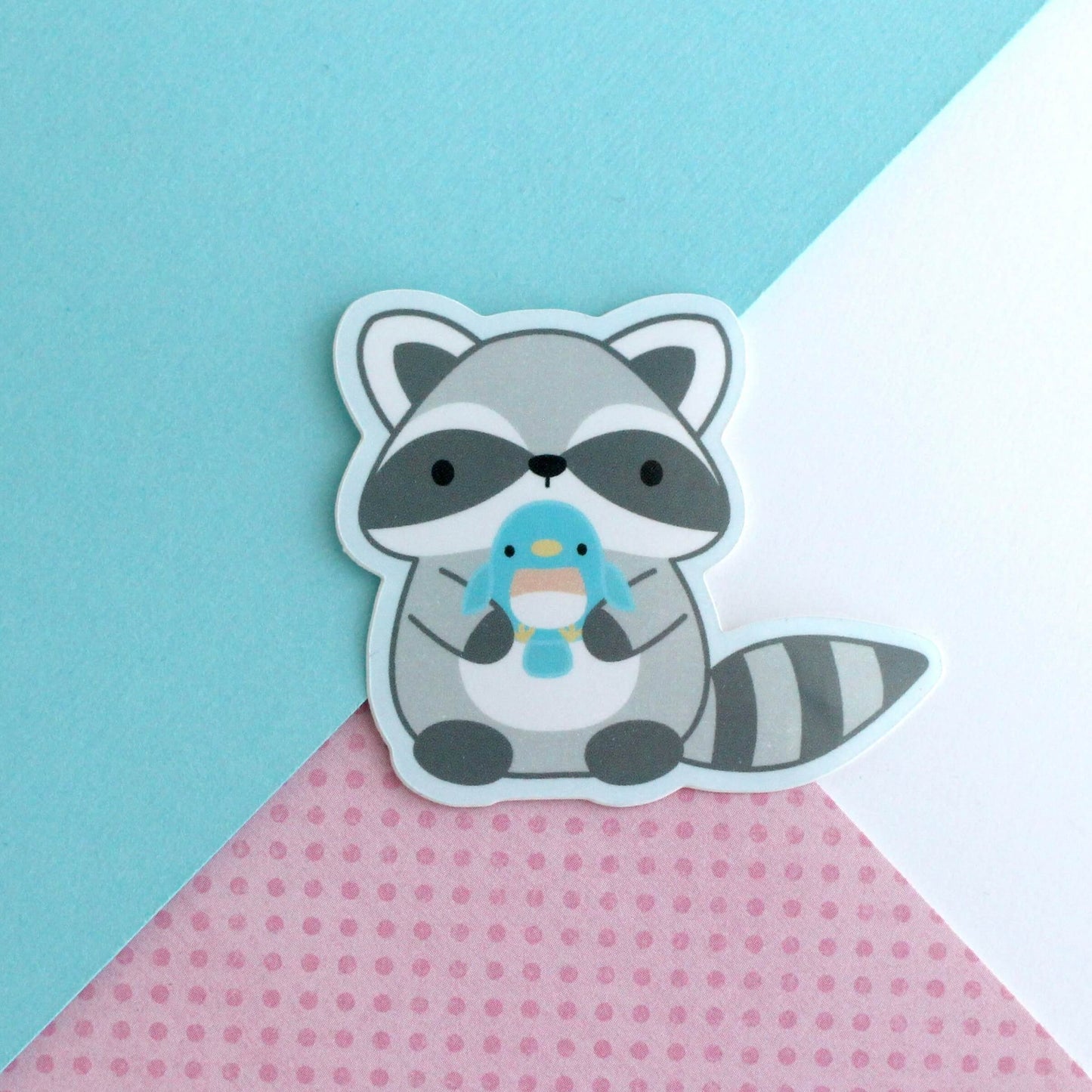 Raccoon holding Blue Bird Vinyl Sticker - Trash Panda Decal