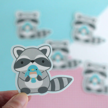 Raccoon holding Blue Bird Vinyl Sticker - Trash Panda Decal