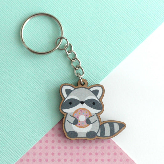 Raccoon Holding Donut Wooden Keychain