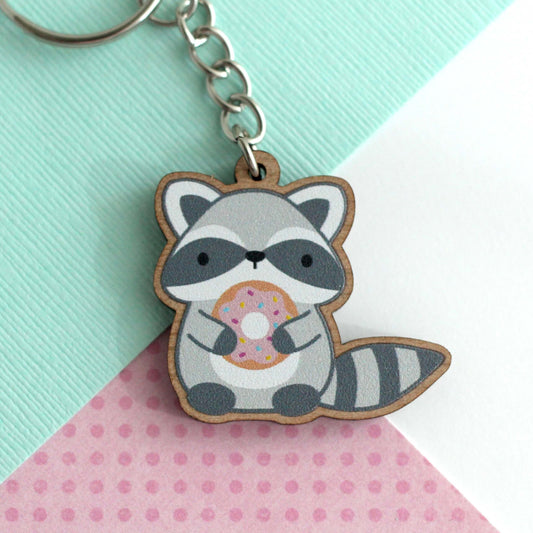 Raccoon Holding Donut Wooden Keychain