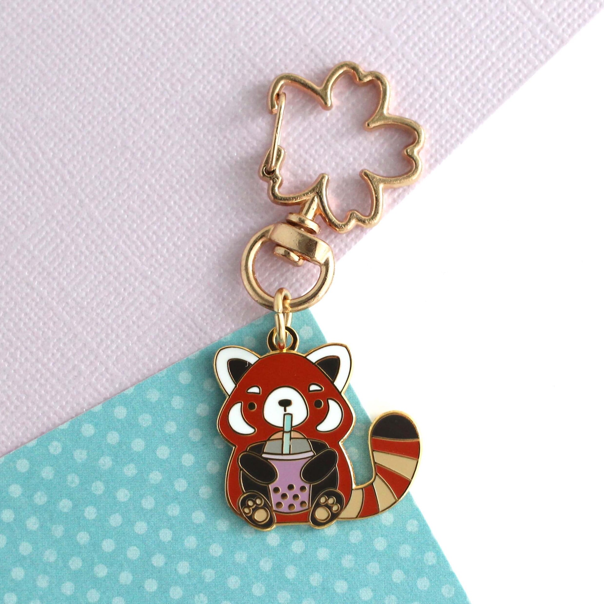 Bubble Tea Red Panda Enamel Keychain: Sakura Swivel Key Ring
