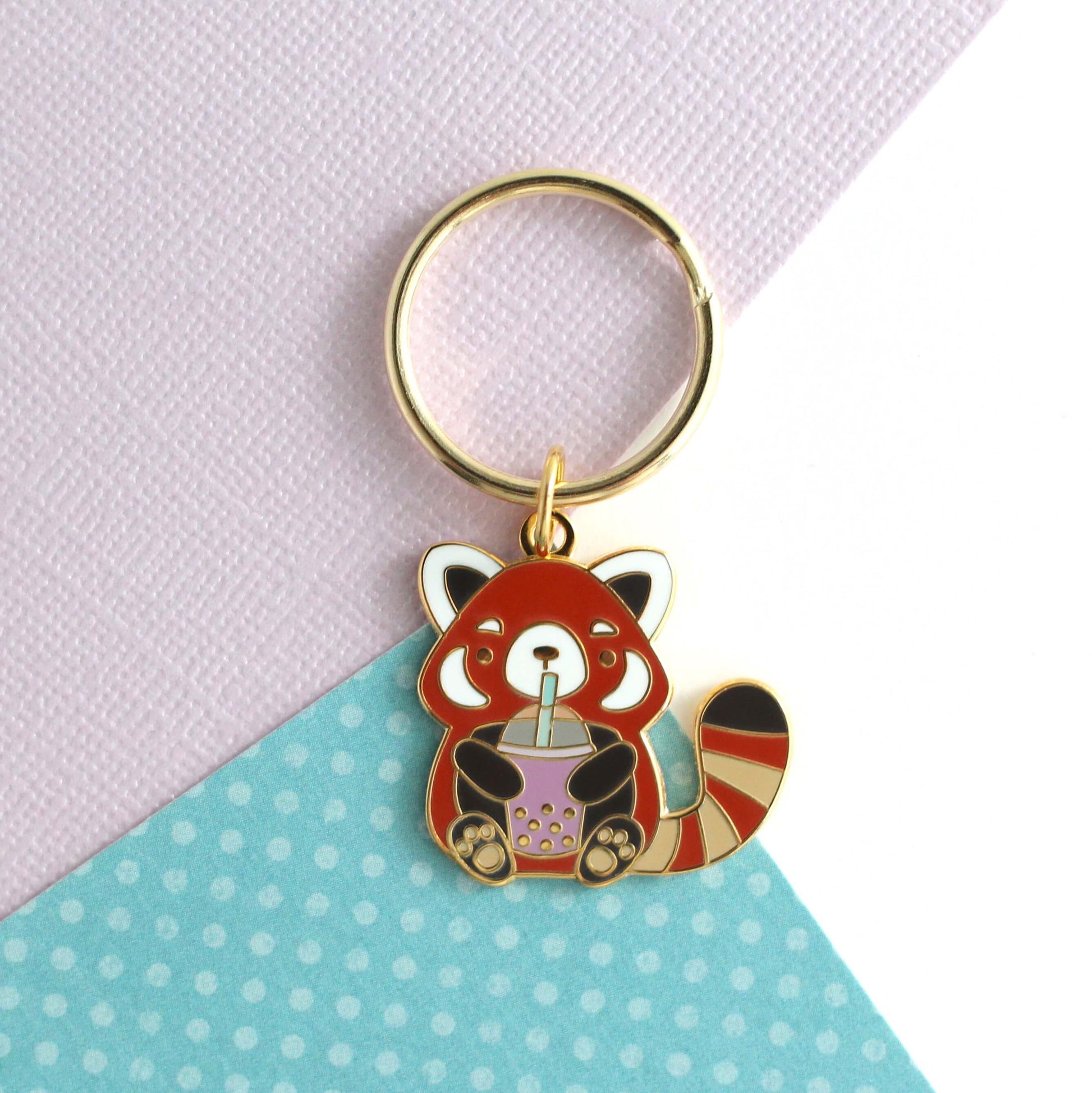 Bubble Tea Red Panda Enamel Keychain: Circle Key Ring