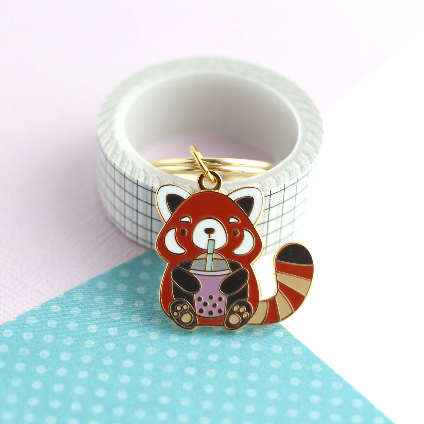 Bubble Tea Red Panda Enamel Keychain