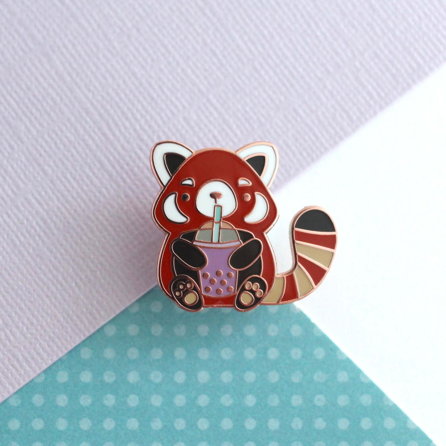 Red Panda Drinking Bubble Tea Enamel Pin. Gift for Boba Lovers