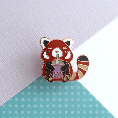 Red Panda Drinking Bubble Tea Enamel Pin. Gift for Boba Lovers