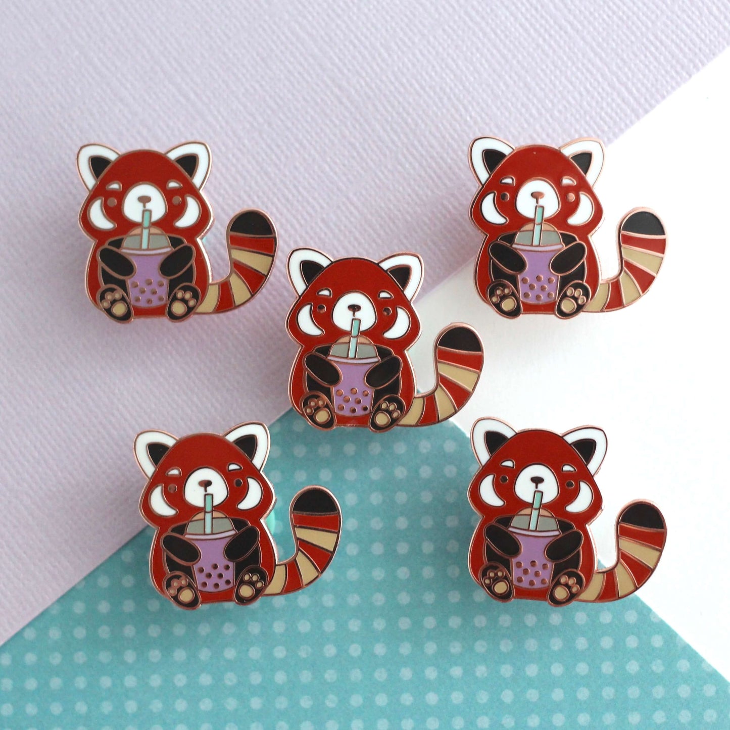 Red Panda Drinking Bubble Tea Enamel Pin. Gift for Boba Lovers