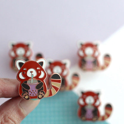 Red Panda Drinking Bubble Tea Enamel Pin. Gift for Boba Lovers