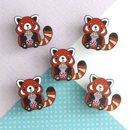 Red Panda Drinking Bubble Tea Enamel Pin. Gift for Boba Lovers