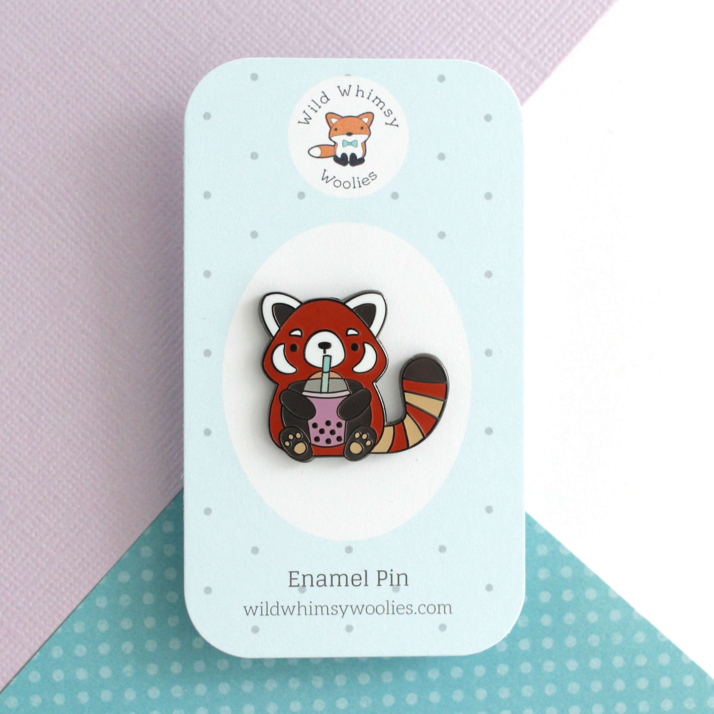 Red Panda Drinking Bubble Tea Enamel Pin. Gift for Boba Lovers