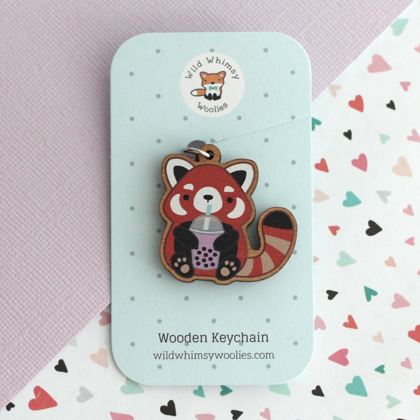 Red Panda holding Bubble Tea Wooden Keychain