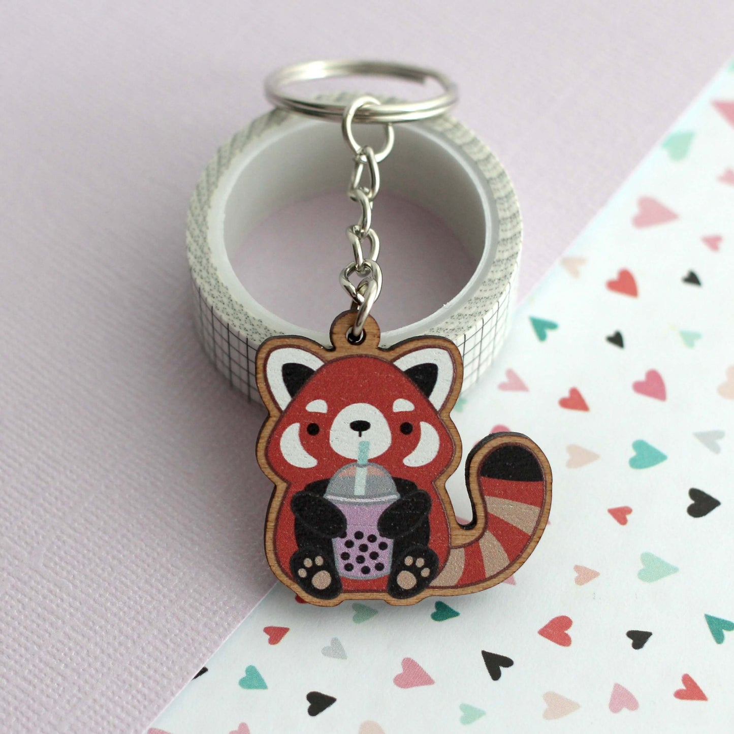 Red Panda holding Bubble Tea Wooden Keychain