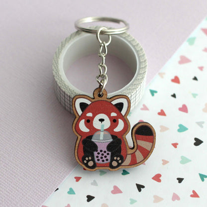 Red Panda holding Bubble Tea Wooden Keychain