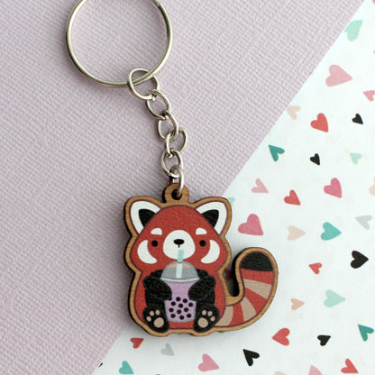 Red Panda holding Bubble Tea Wooden Keychain