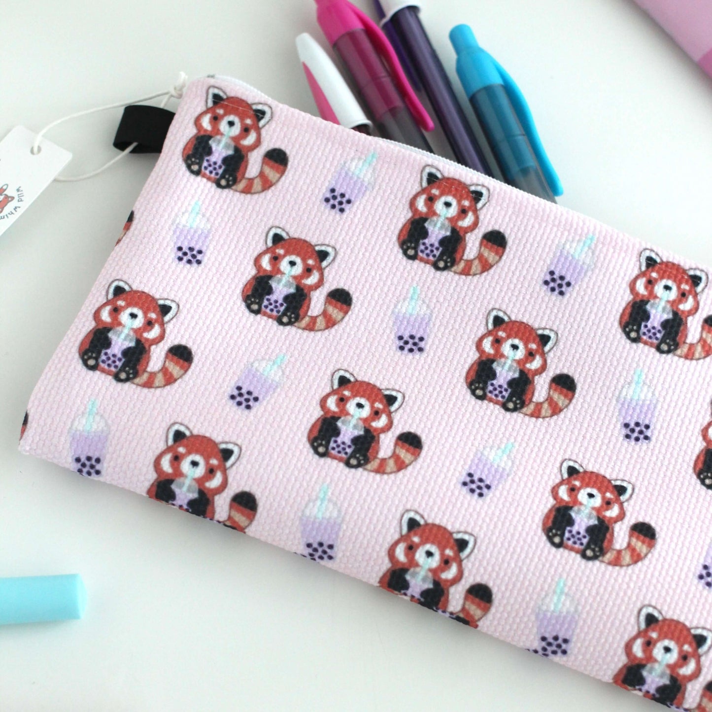 Red Pandas with Bubble Tea Pencil Case / Zipper Pouch