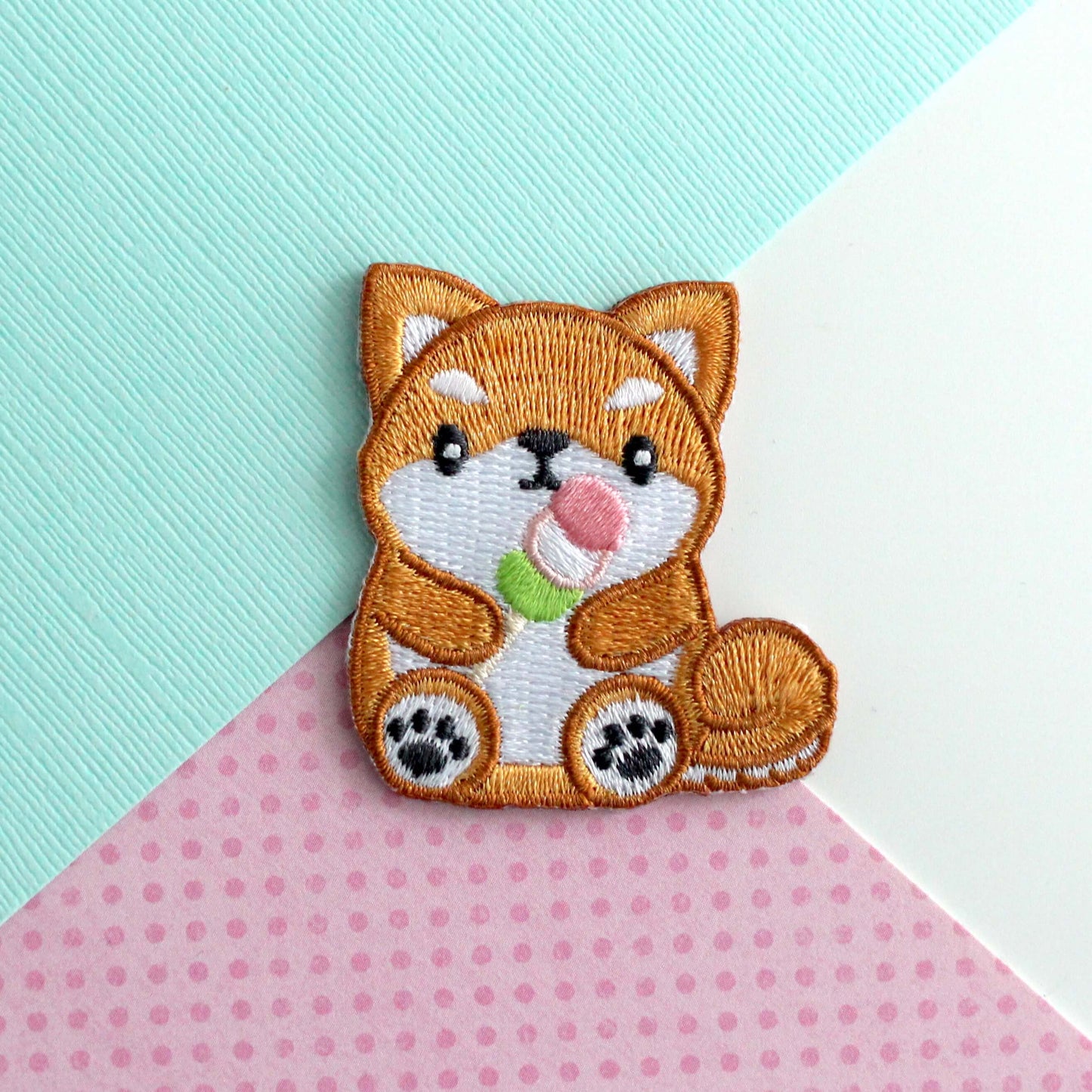 Shiba Inu holding Dango Embroidered Patch. Dog Iron on Patch
