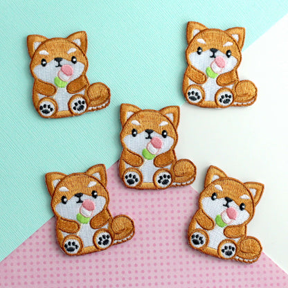 Shiba Inu holding Dango Embroidered Patch. Dog Iron on Patch