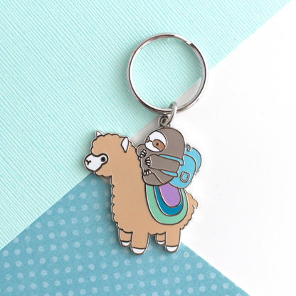 Sloth and Alpaca Adventurer Enamel Keychain: Nickel Plated