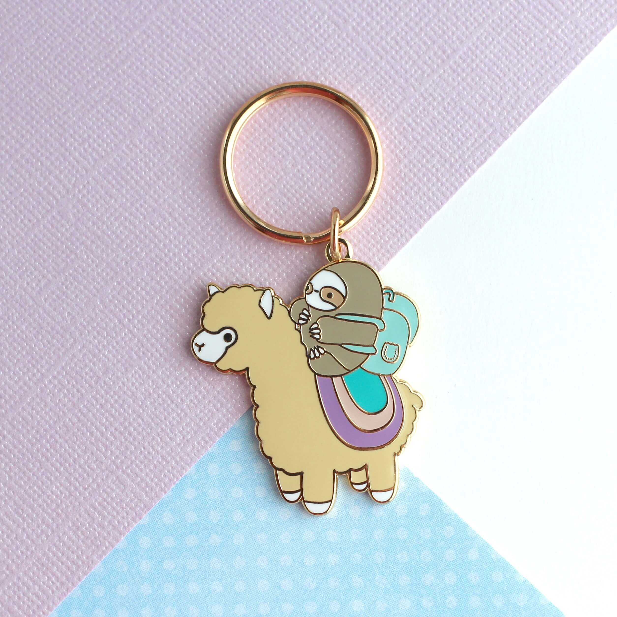 Sloth and Alpaca Adventurer Enamel Keychain (Pastel Colour Variant ...