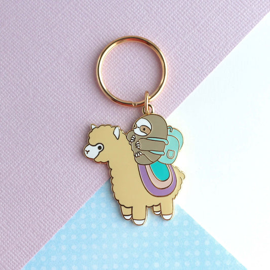 Sloth and Alpaca Adventurer Enamel Keychain (Pastel Colour Variant)