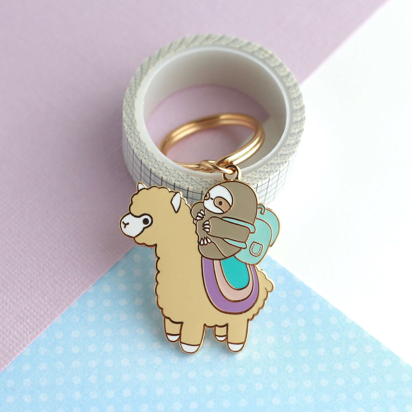 Sloth and Alpaca Adventurer Enamel Keychain (Pastel Colour Variant)