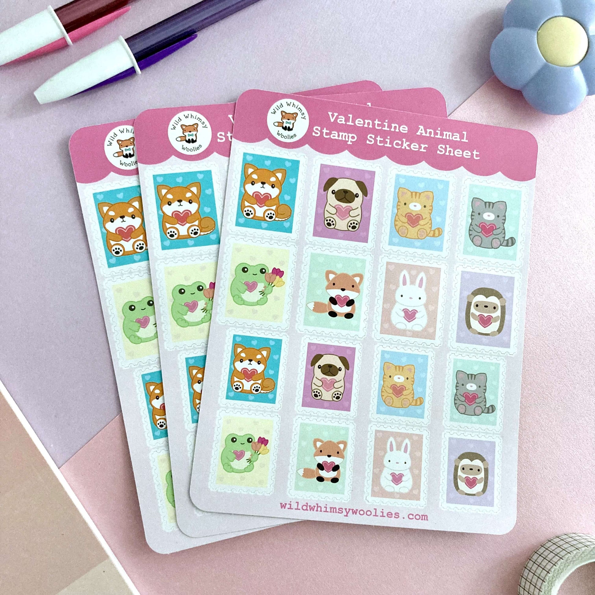 Valentine’s Day Stamp Sticker Sheet. Animal Sticker Sheet