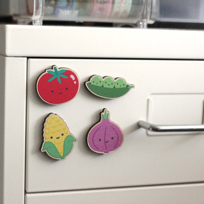 Rainbow Veggies Wooden Magnet Set - w Tomato, Peas in a Pod, Corn and Red Onion