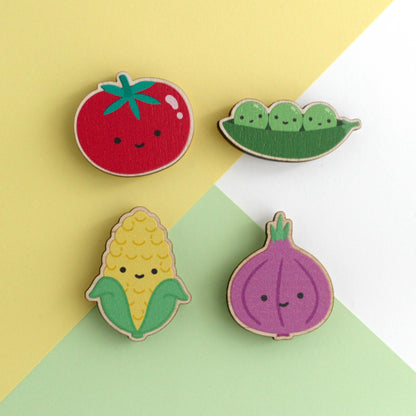 Rainbow Veggies Wooden Magnet Set - w Tomato, Peas in a Pod, Corn and Red Onion