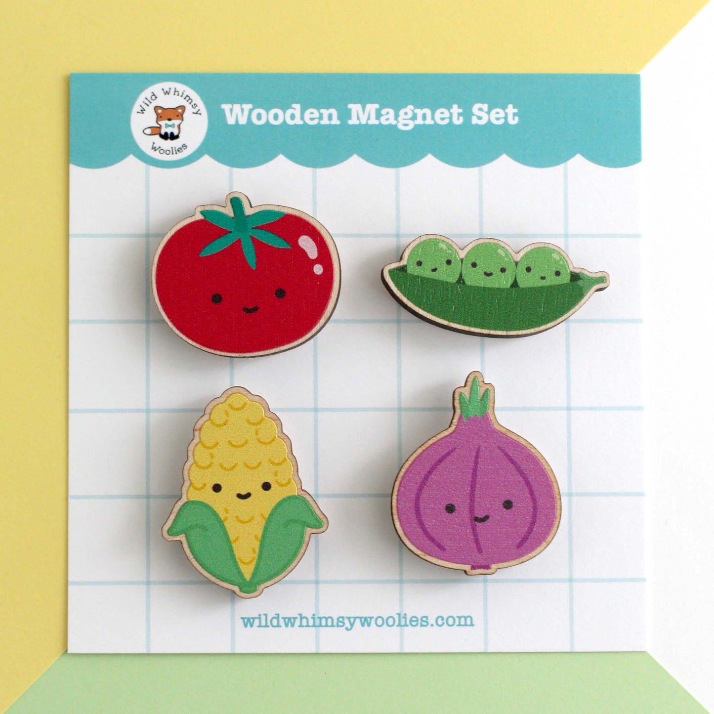 Rainbow Veggies Wooden Magnet Set - w Tomato, Peas in a Pod, Corn and Red Onion