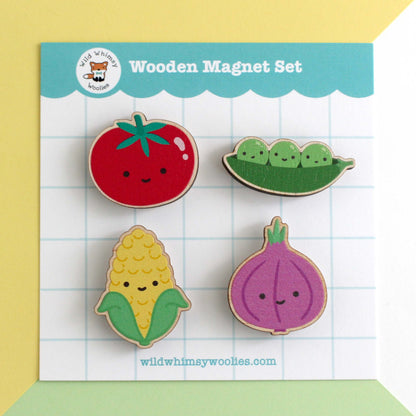 Rainbow Veggies Wooden Magnet Set - w Tomato, Peas in a Pod, Corn and Red Onion