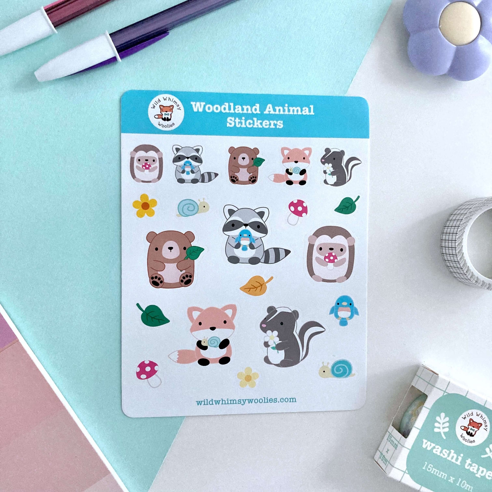Woodland Animal Vinyl Sticker Sheet - Raccoon, Hedgehog, Fox, Skunk and Brown Bear Planner Stickers: A Grade - Matte Finish