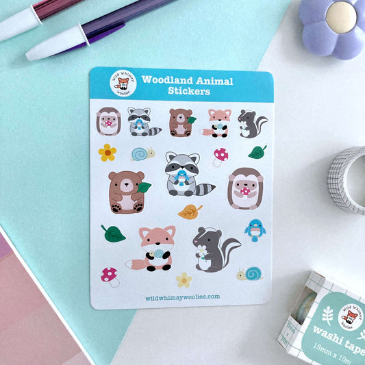 Woodland Animal Vinyl Sticker Sheet - Raccoon, Hedgehog, Fox, Skunk and Brown Bear Planner Stickers