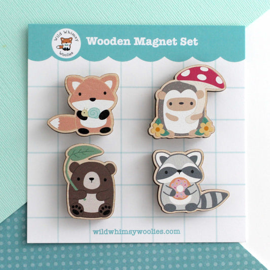 Woodland Animals Wooden Magnet Set - Fox, Hedgehog, Bear and Raccoon