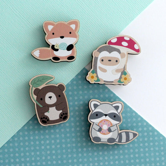Woodland Animals Wooden Magnet Set - Fox, Hedgehog, Bear and Raccoon
