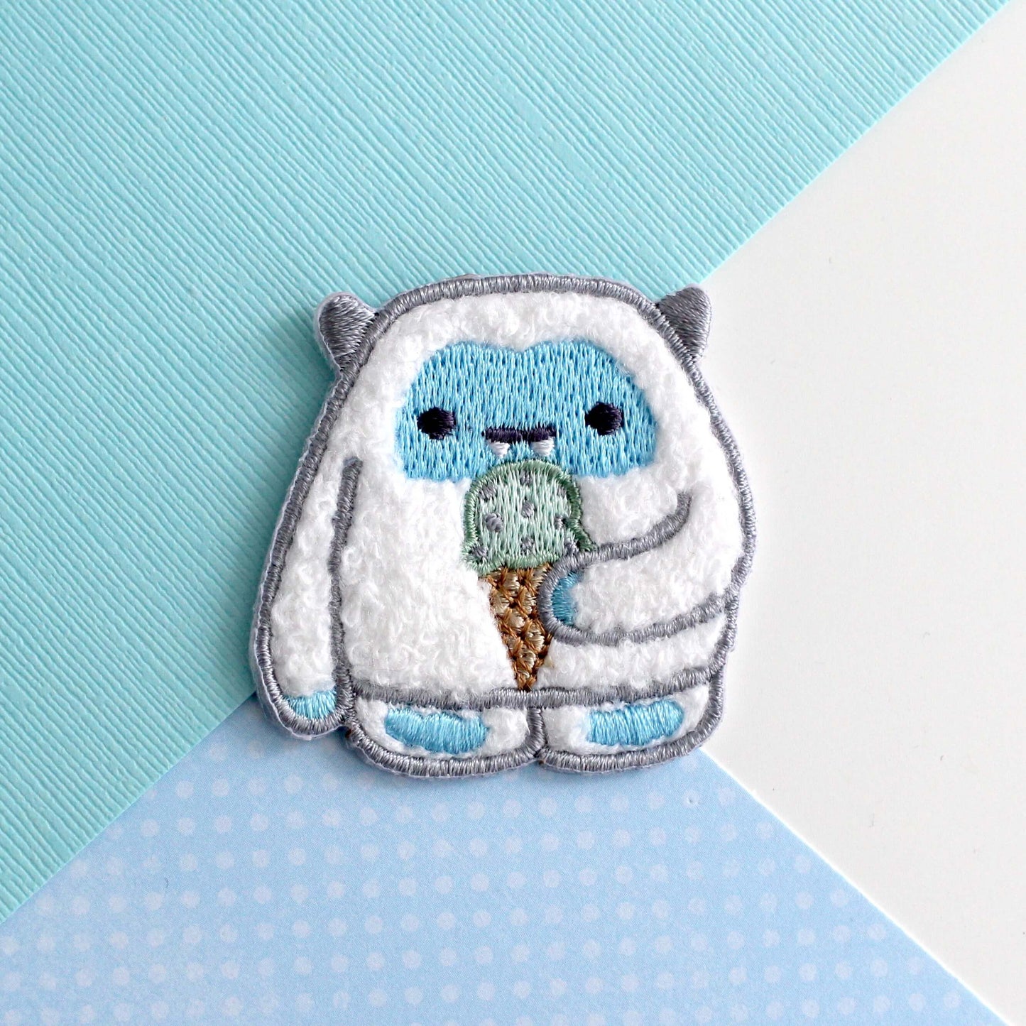 Yeti eating Ice Cream Chenille Iron-On Patch. Cute Abominable Snowman